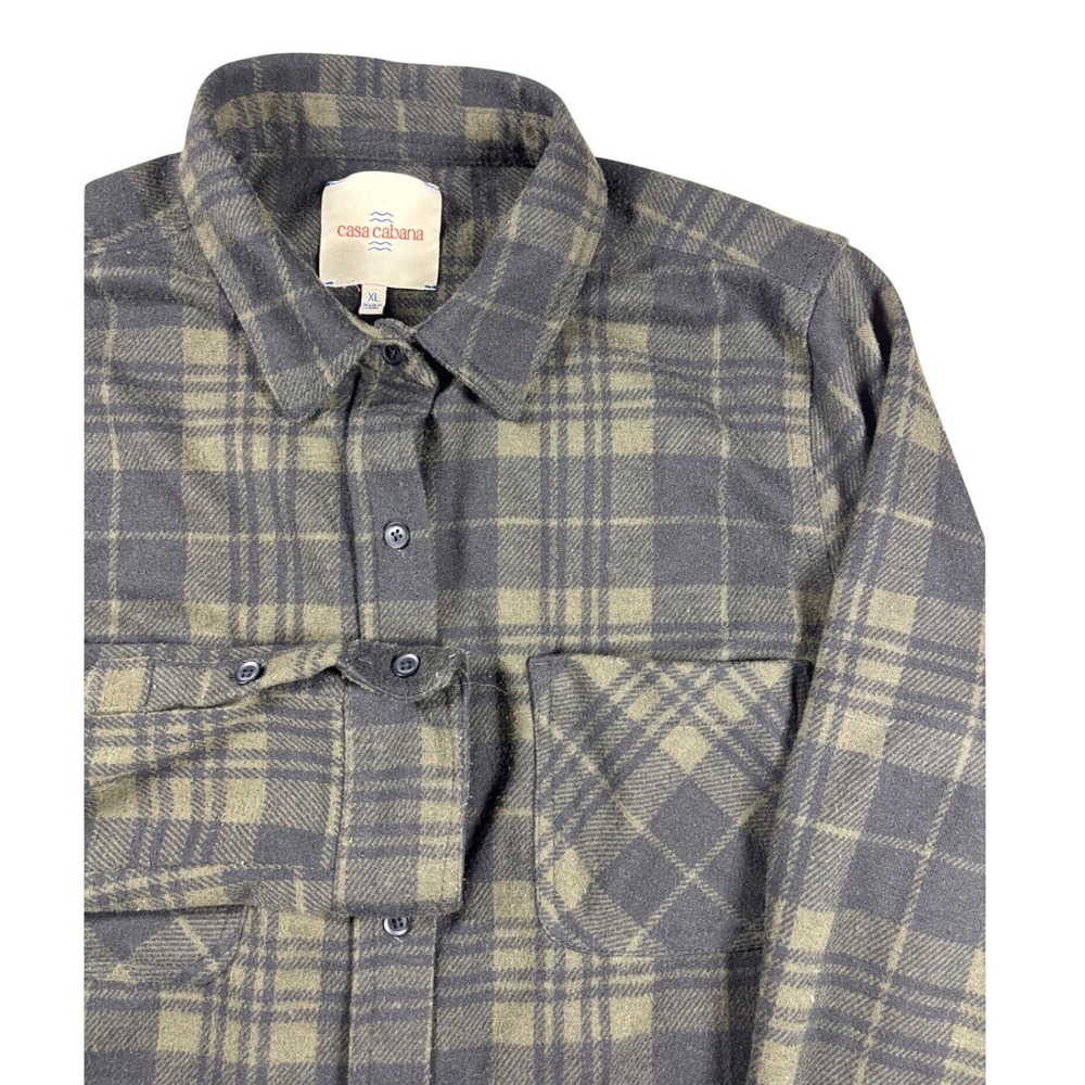 Casa Cabana Womens XL Flannel Shirt Olive Green Black Plaid Button Down Top